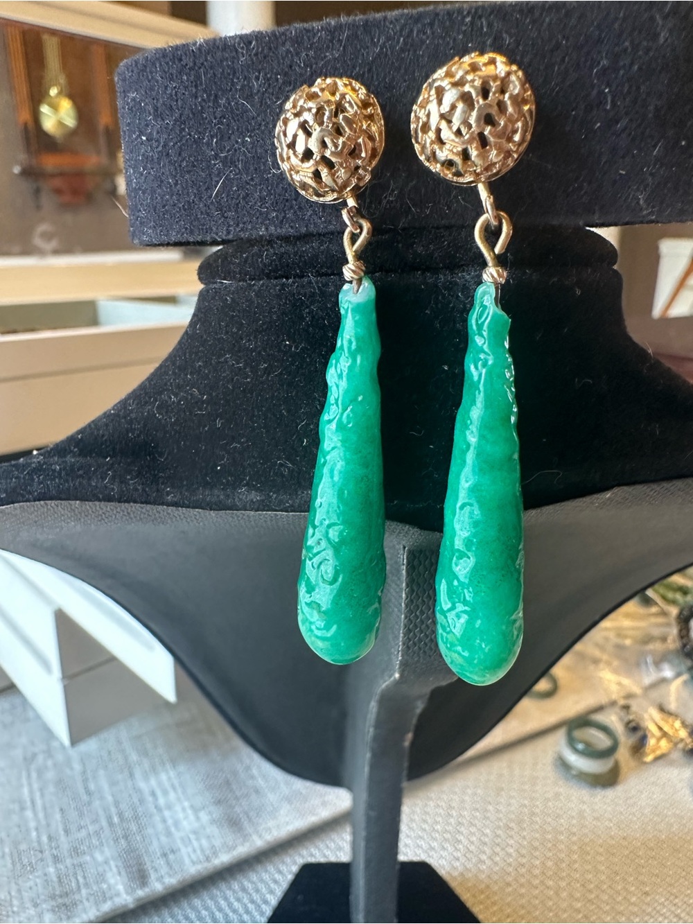 Vtg Gold Filigree Earrings with Peking Glass Teardrop Pendants